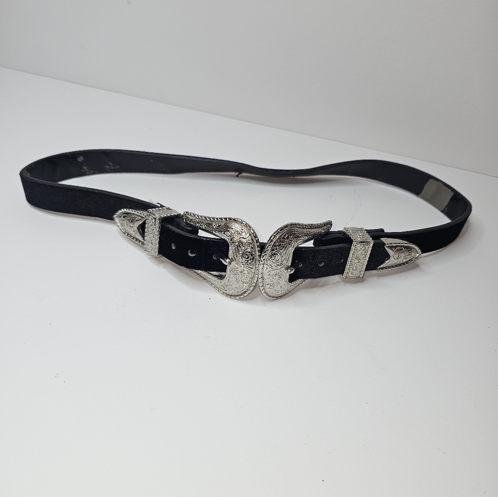 Zara Western Style Black Belt with Silver Double Buckles - Picture 8 of 16